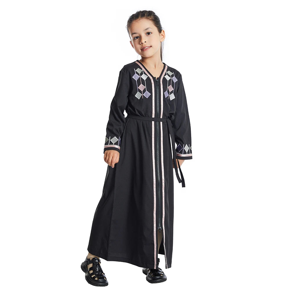 New Muslim Kids Girls Zipper Front Open Abaya